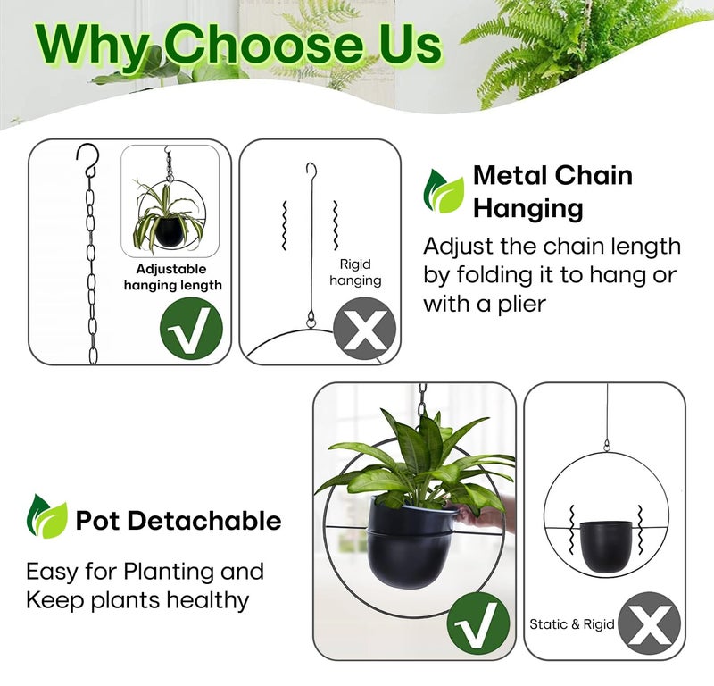 Shineloha 2 Pack Hanging Planters for Indoor Plants with 5.5" Pot + Ceiling Hook + Extender Chain | Hanging Plant Holder, Metal Minimalist Planter, NO Plant incld - Image 4